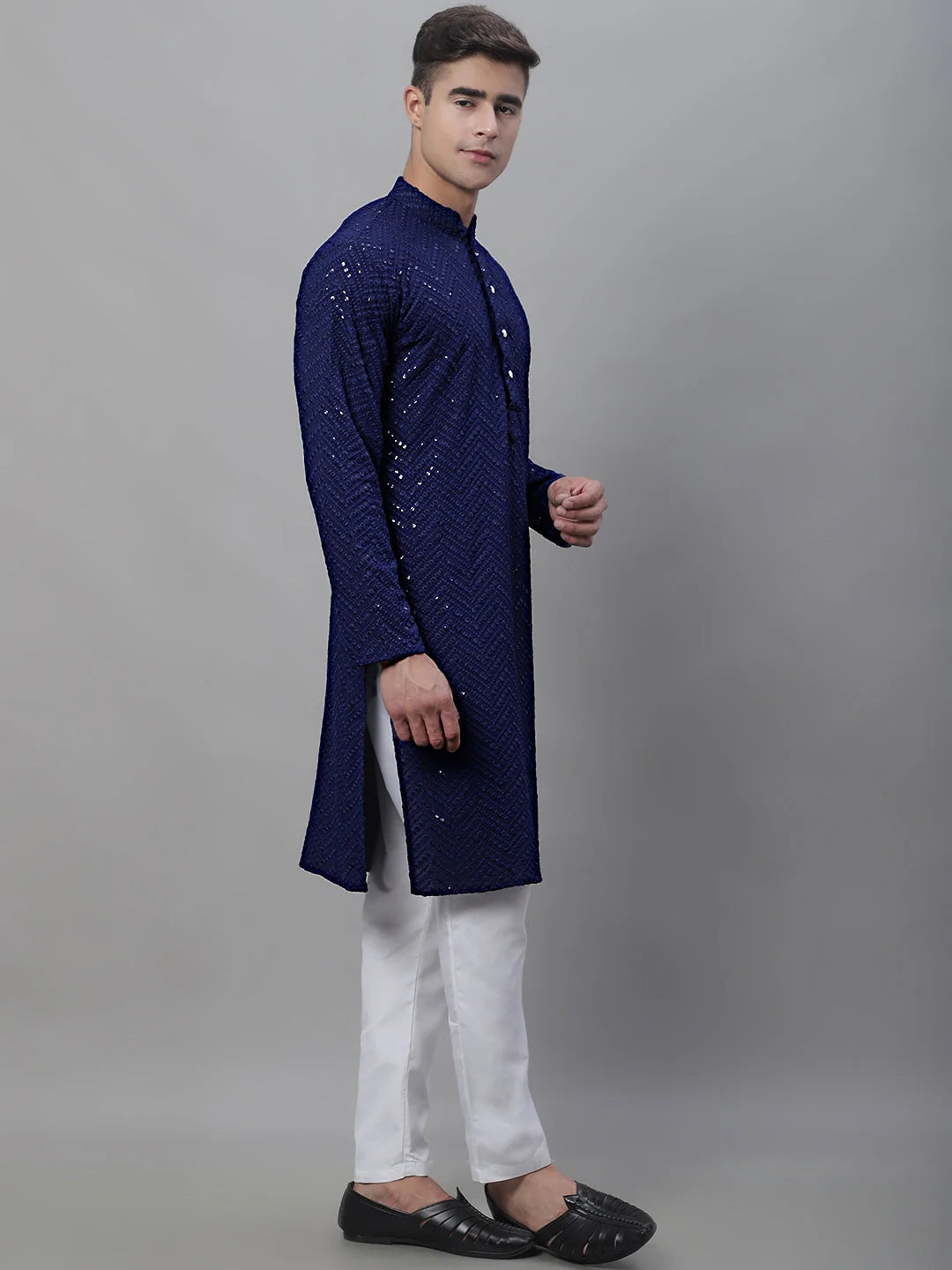 Navy Mens Kurta Pajama Set - Embroidered Cotton Kurta Churidar