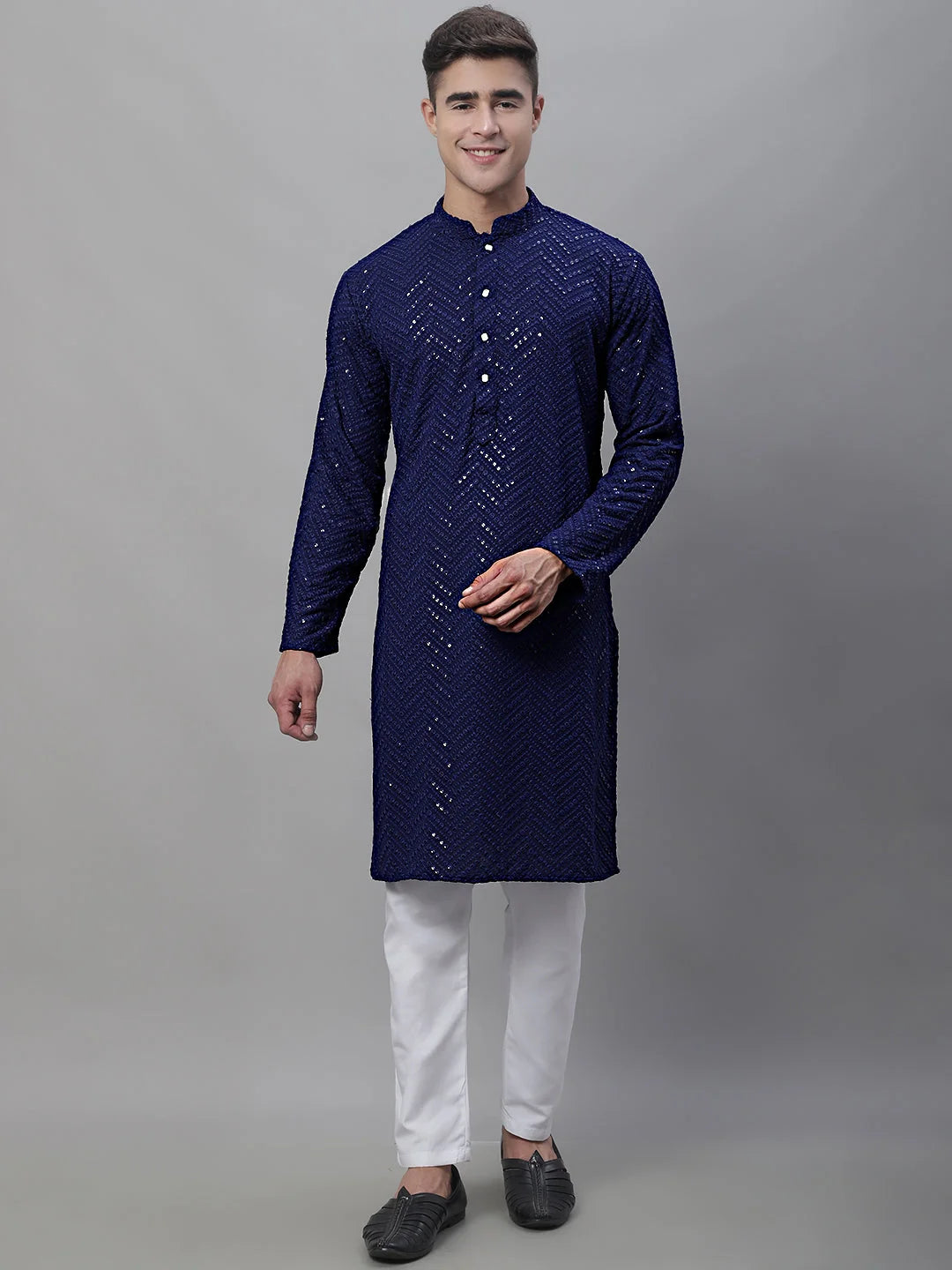 Navy Mens Kurta Pajama Set - Embroidered Cotton Kurta Churidar