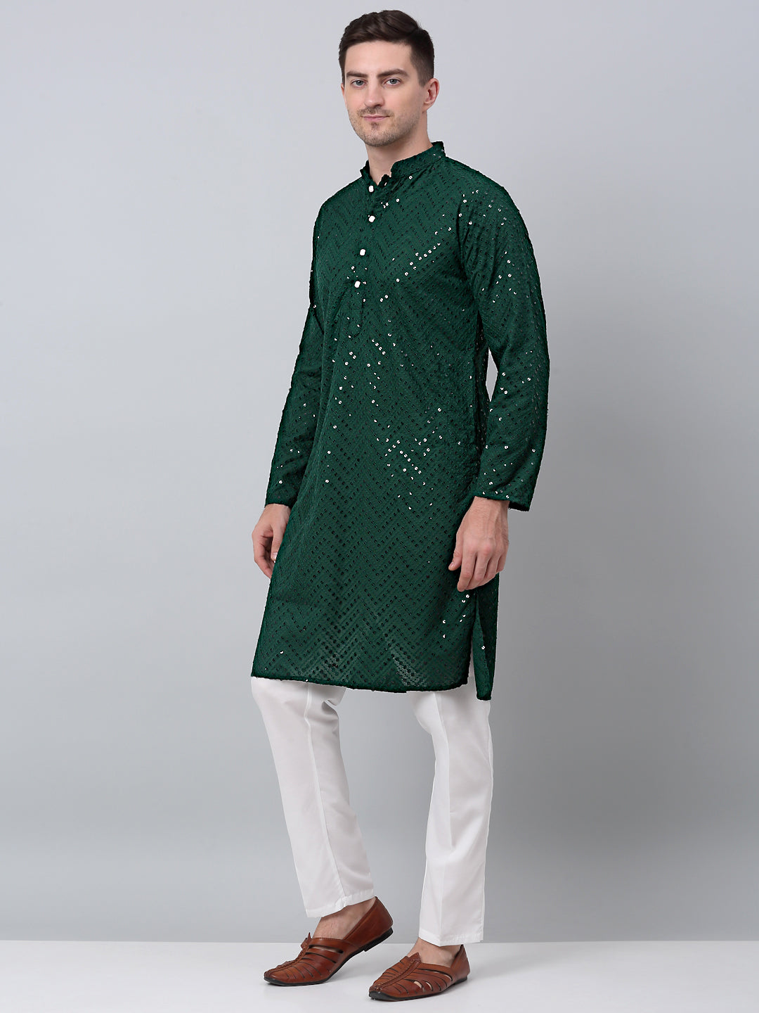 Olive Green Mens Kurta Pajama Set - Cotton Embroidered Kurta