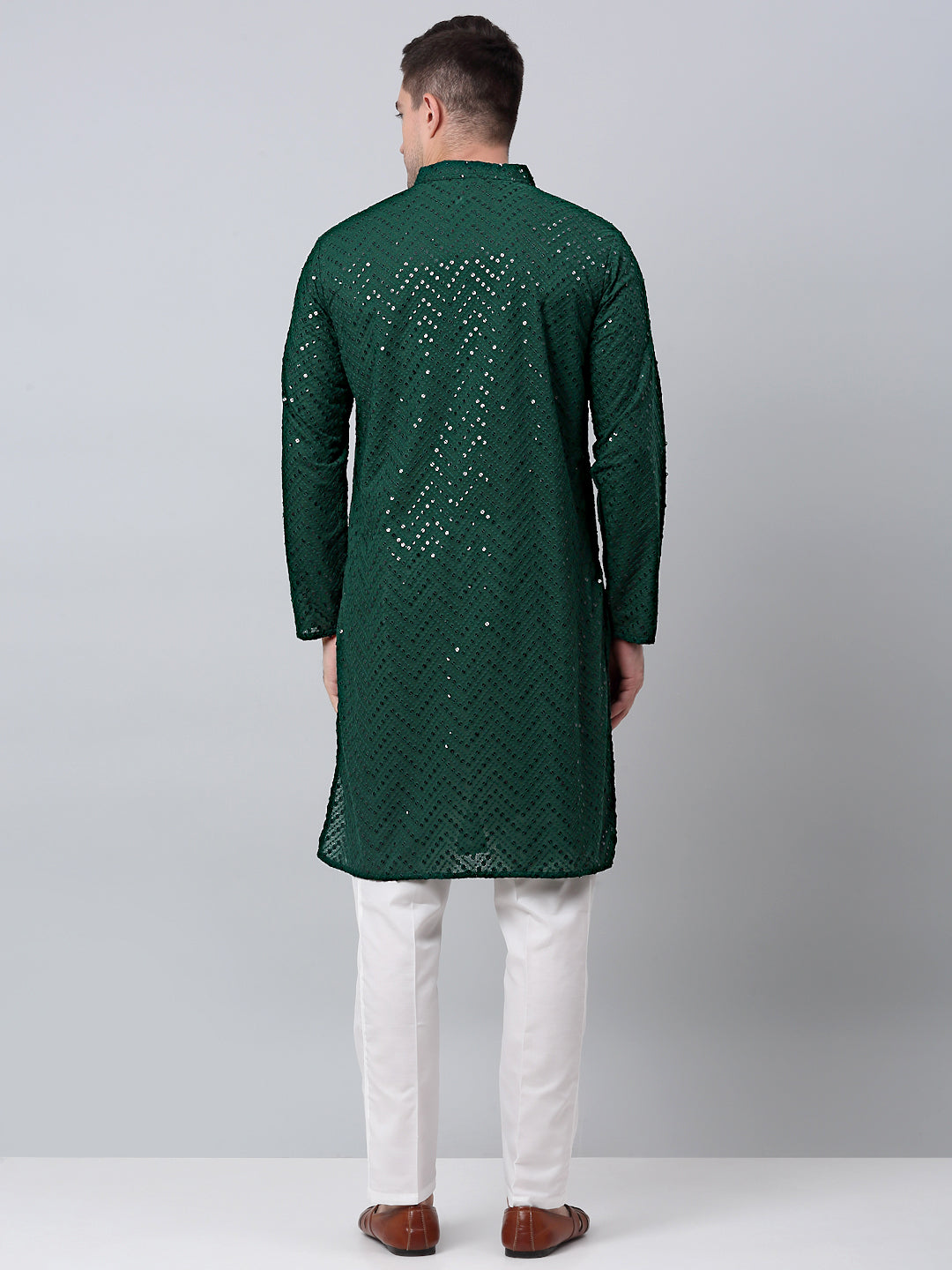 Olive Green Mens Kurta Pajama Set - Cotton Embroidered Kurta