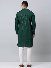 Men Olive Green Embroidered Sequinned Kurta with Churidar