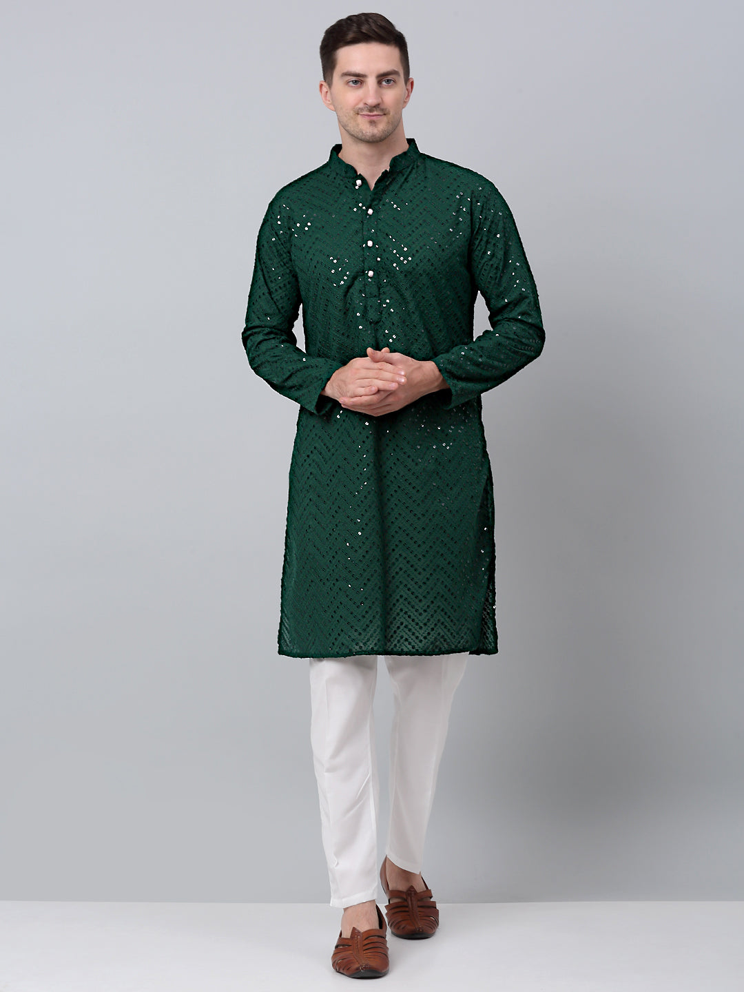 Olive Green Mens Kurta Pajama Set - Cotton Embroidered Kurta