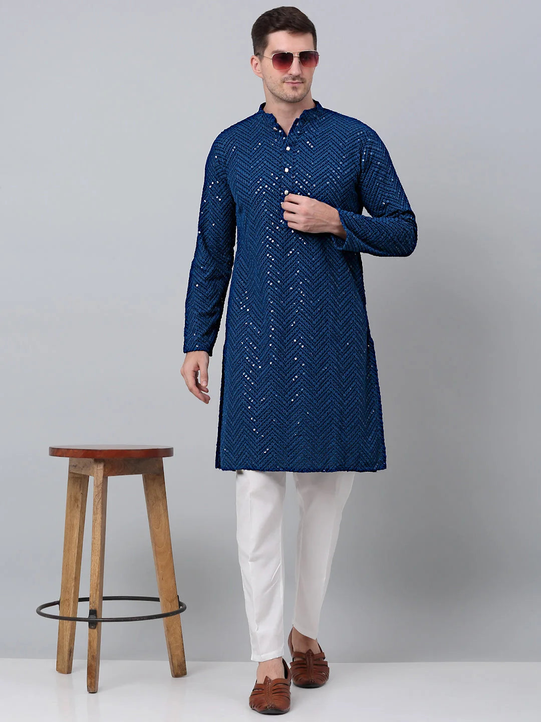 Peacock Blue Mens Kurta Pajama Set - Embroidered Cotton Kurta
