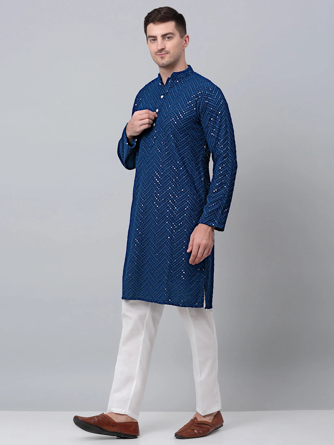 Peacock Blue Mens Kurta Pajama Set - Embroidered Cotton Kurta