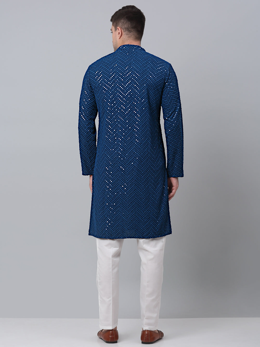Peacock Blue Mens Kurta Pajama Set - Embroidered Cotton Kurta