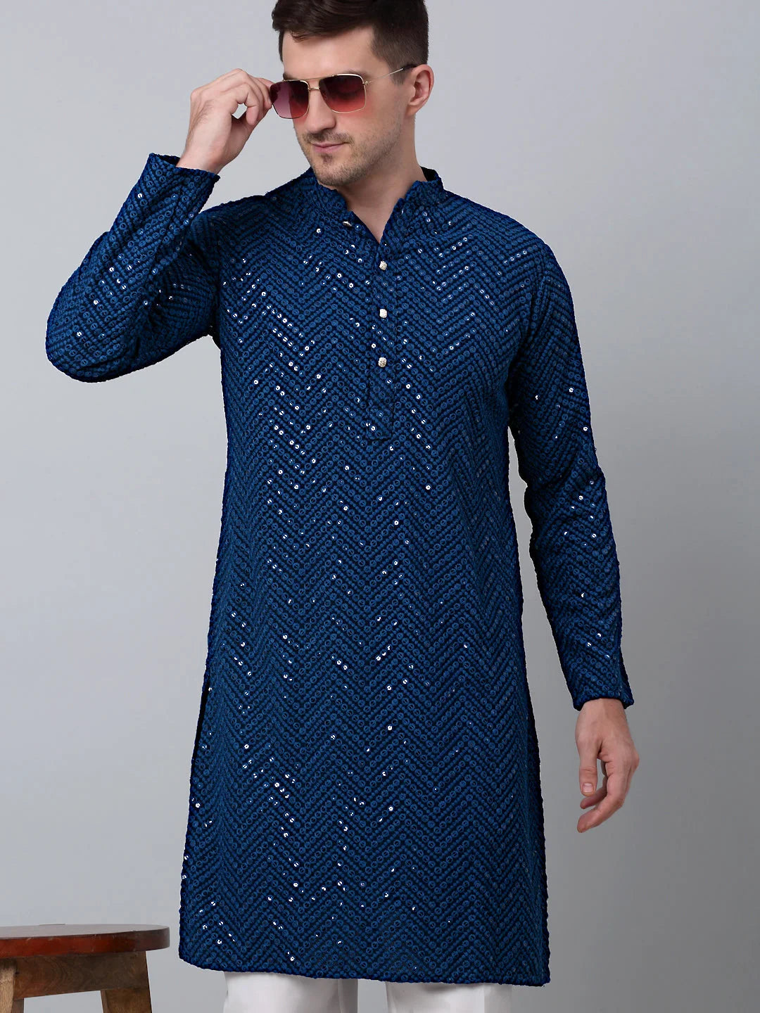 Peacock Blue Mens Kurta Pajama Set - Embroidered Cotton Kurta