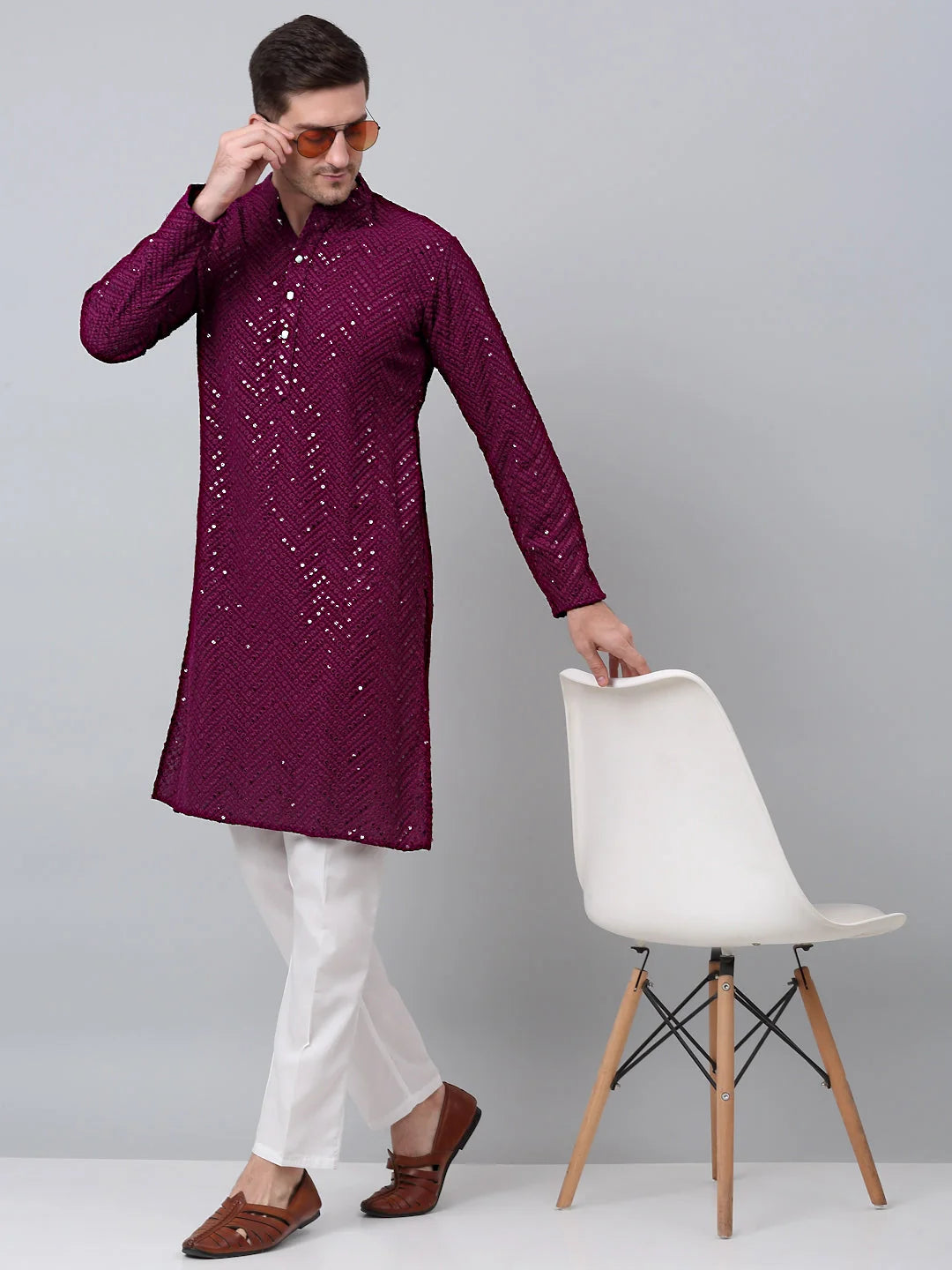 Purple Embroidered Kurta Pajama - Mens Kurta Pajama Set in Cotton