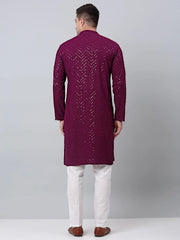 Men Purple Embroidered Sequinned Kurta with Churidar