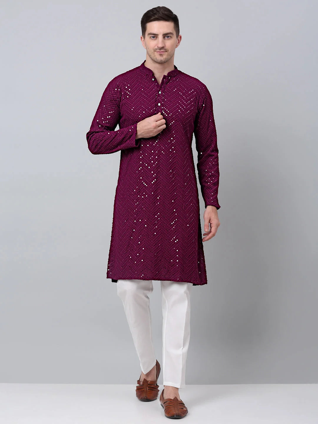 Purple Embroidered Kurta Pajama - Mens Kurta Pajama Set in Cotton