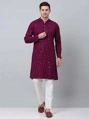 Men Purple Embroidered Sequinned Kurta with Churidar