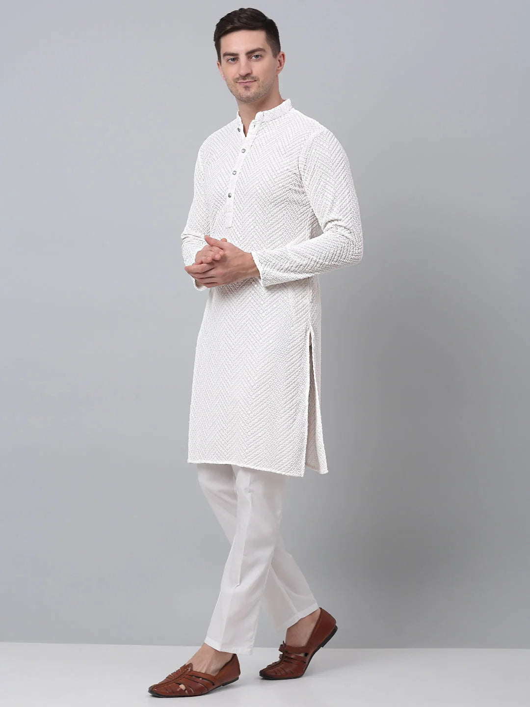 White Embroidered Kurta Churidar Set for Men | Kurta Pajama