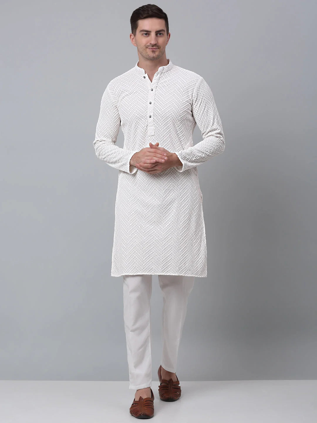 White Embroidered Kurta Churidar Set for Men | Kurta Pajama