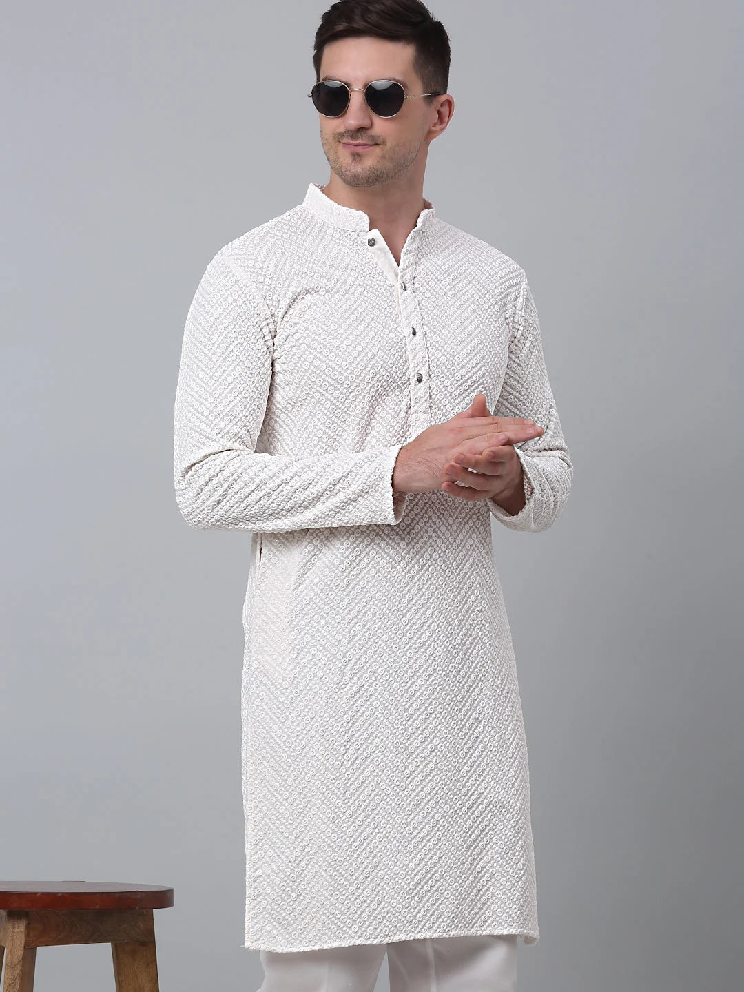 White Embroidered Kurta Churidar Set for Men | Kurta Pajama