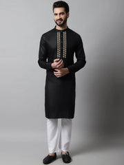 Men Black Embroidered Kurta with Churidar