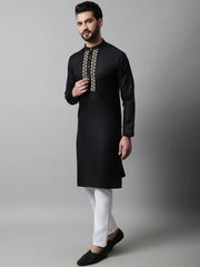 Men Black Embroidered Kurta with Churidar