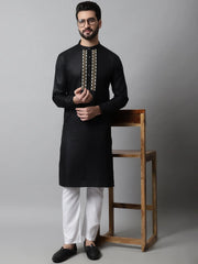 Men Black Embroidered Kurta with Churidar