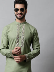 Men Pista Green Embroidered Mirror Work Kurta with Churidar