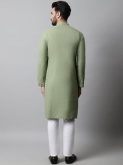 Men Pista Green Embroidered Mirror Work Kurta with Churidar