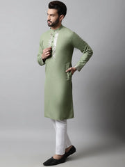 Men Pista Green Embroidered Mirror Work Kurta with Churidar