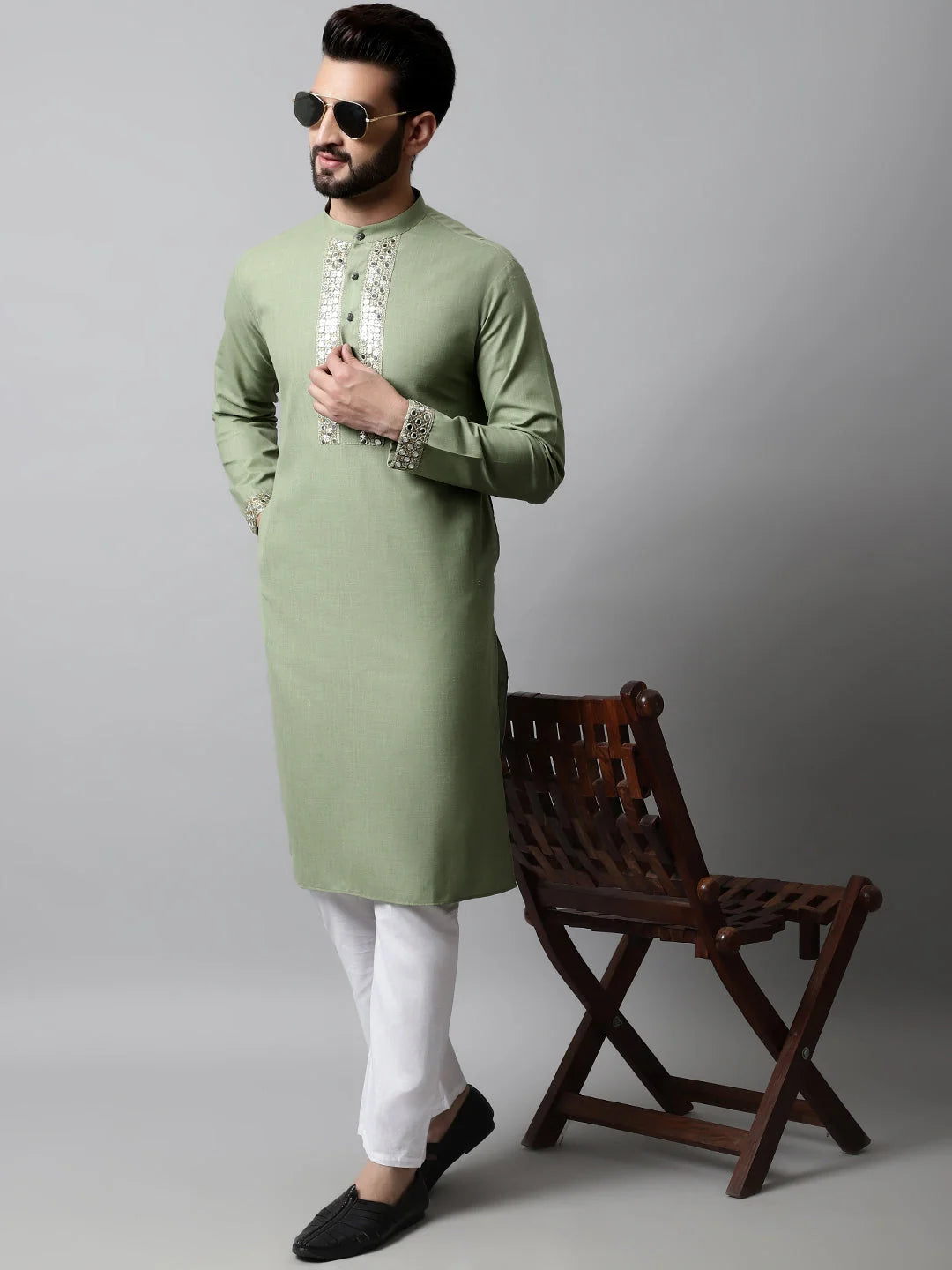 Men Pista Green Embroidered Mirror Work Kurta with Churidar