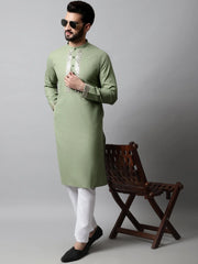 Men Pista Green Embroidered Mirror Work Kurta with Churidar