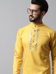 Men Yellow Embroidered Mirror Work Kurta with Churidar