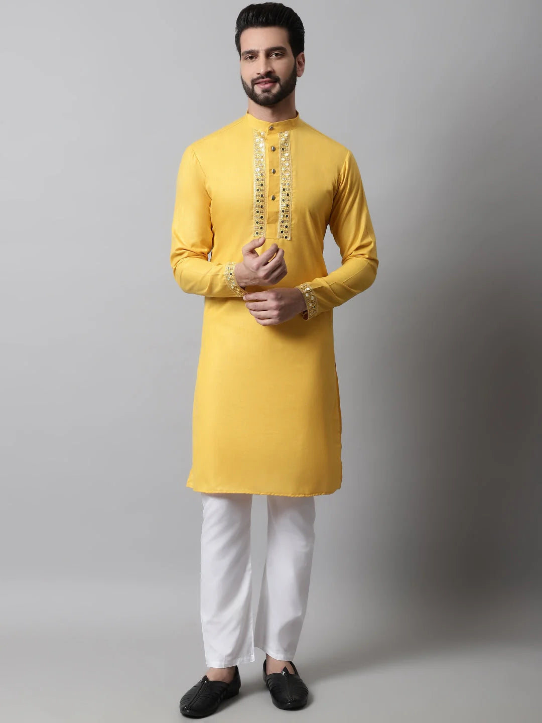 Yellow Embroidered Kurta Pajama Set for Men | Ethnic Wear