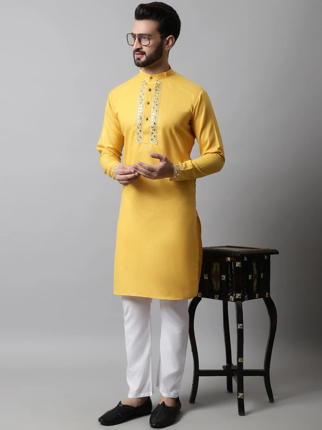 Men Yellow Embroidered Mirror Work Kurta with Churidar