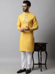 Men Yellow Embroidered Mirror Work Kurta with Churidar
