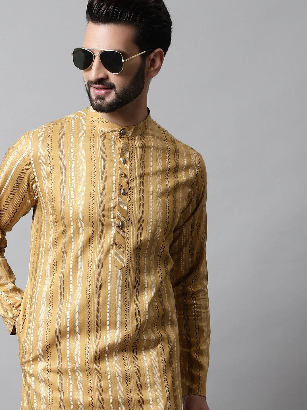 Beige Foil Printed Mens Kurta Pajama Set | Shop Now!