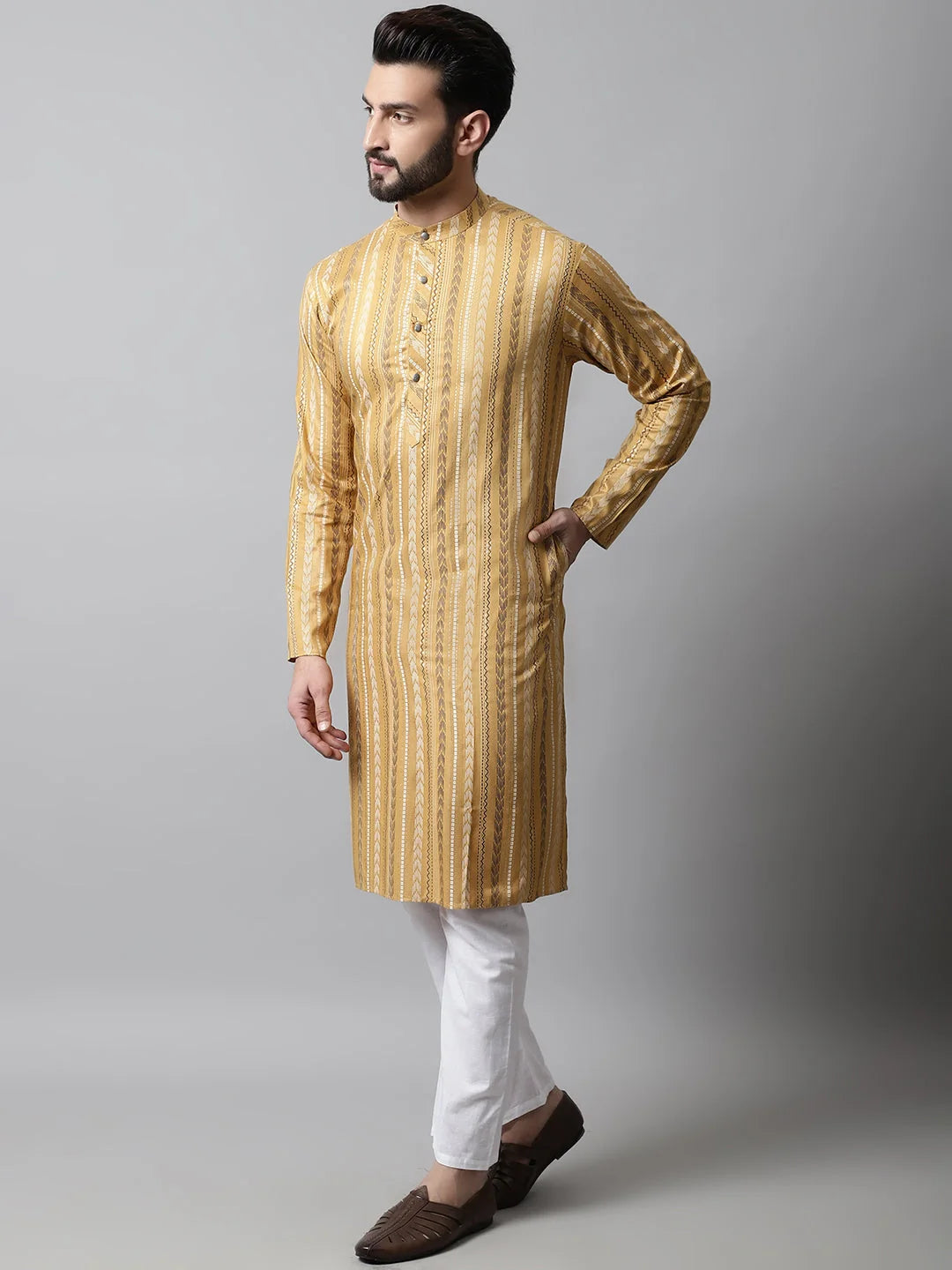 Beige Foil Printed Mens Kurta Pajama Set | Shop Now!