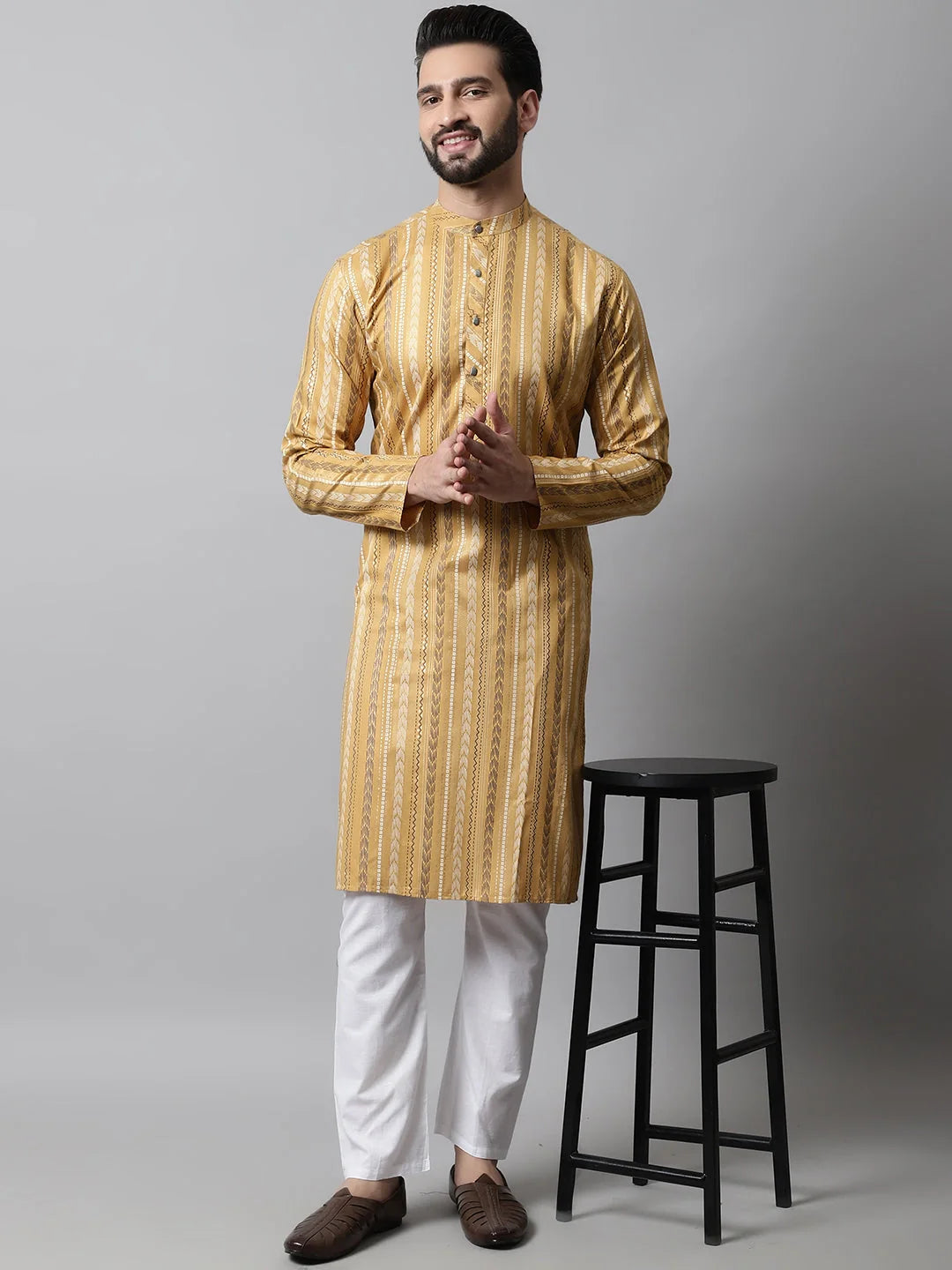 Beige Foil Printed Mens Kurta Pajama Set | Shop Now!
