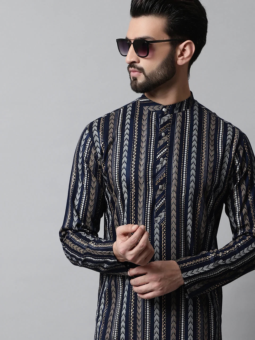 Navy Blue Foil Printed Mens Kurta Pajama Set | Shop Now