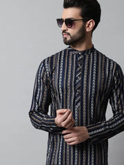 Men Navy Blue Foil Printed Kurta with Churidar
