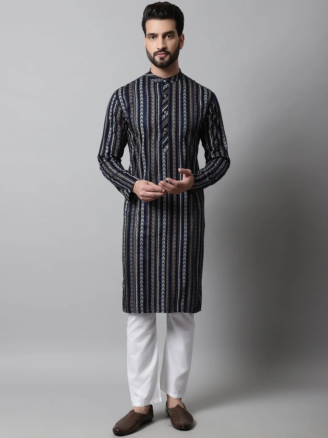 Navy Blue Foil Printed Mens Kurta Pajama Set | Shop Now