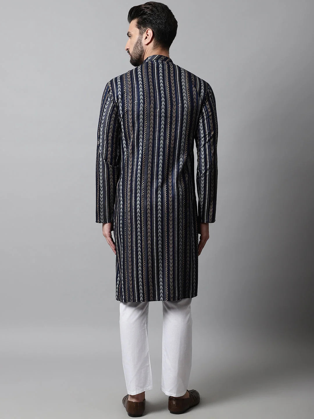 Navy Blue Foil Printed Mens Kurta Pajama Set | Shop Now