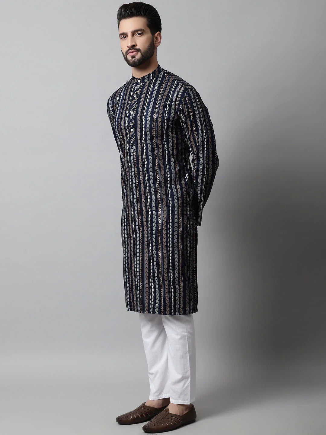 Navy Blue Foil Printed Mens Kurta Pajama Set | Shop Now