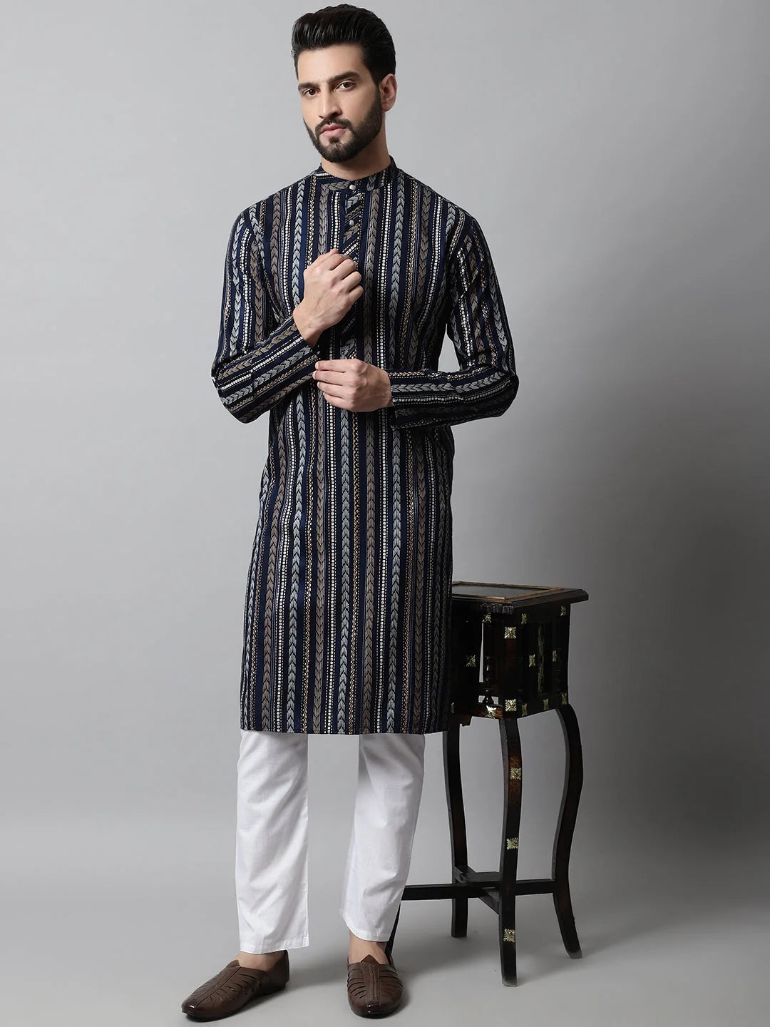Navy Blue Foil Printed Mens Kurta Pajama Set | Shop Now