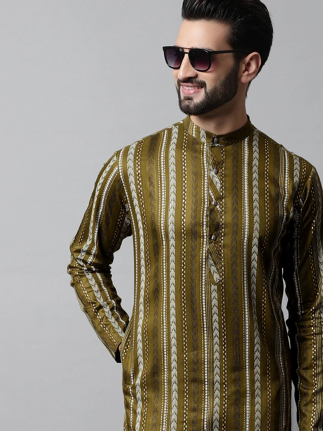 Olive Green Foil Printed Mens Kurta Pajama Set | Ethnic Wear