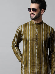 Men Olive Green Foil Printed Kurta with Churidar