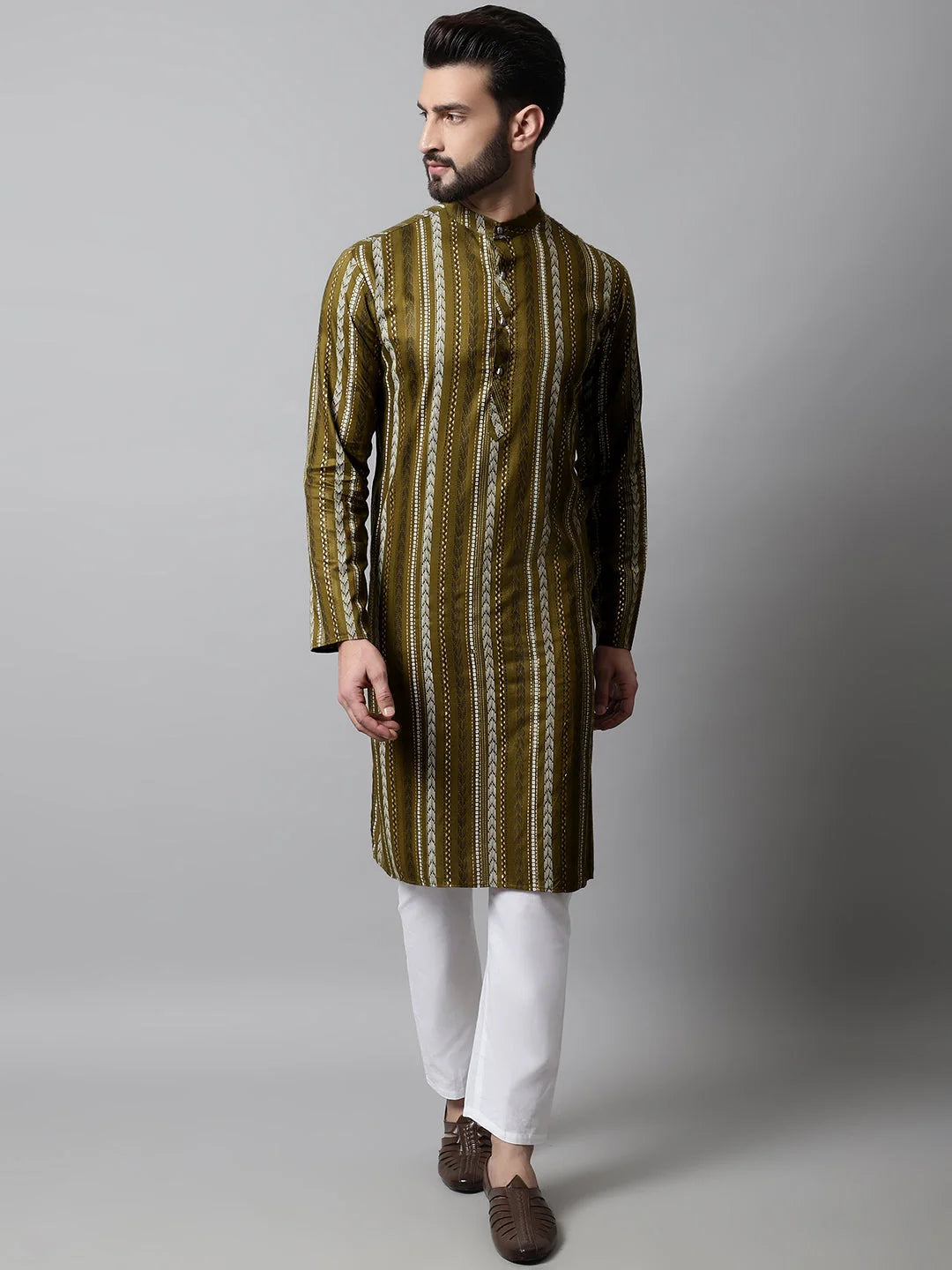 Olive Green Foil Printed Mens Kurta Pajama Set | Ethnic Wear