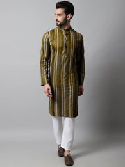Men Olive Green Foil Printed Kurta with Churidar