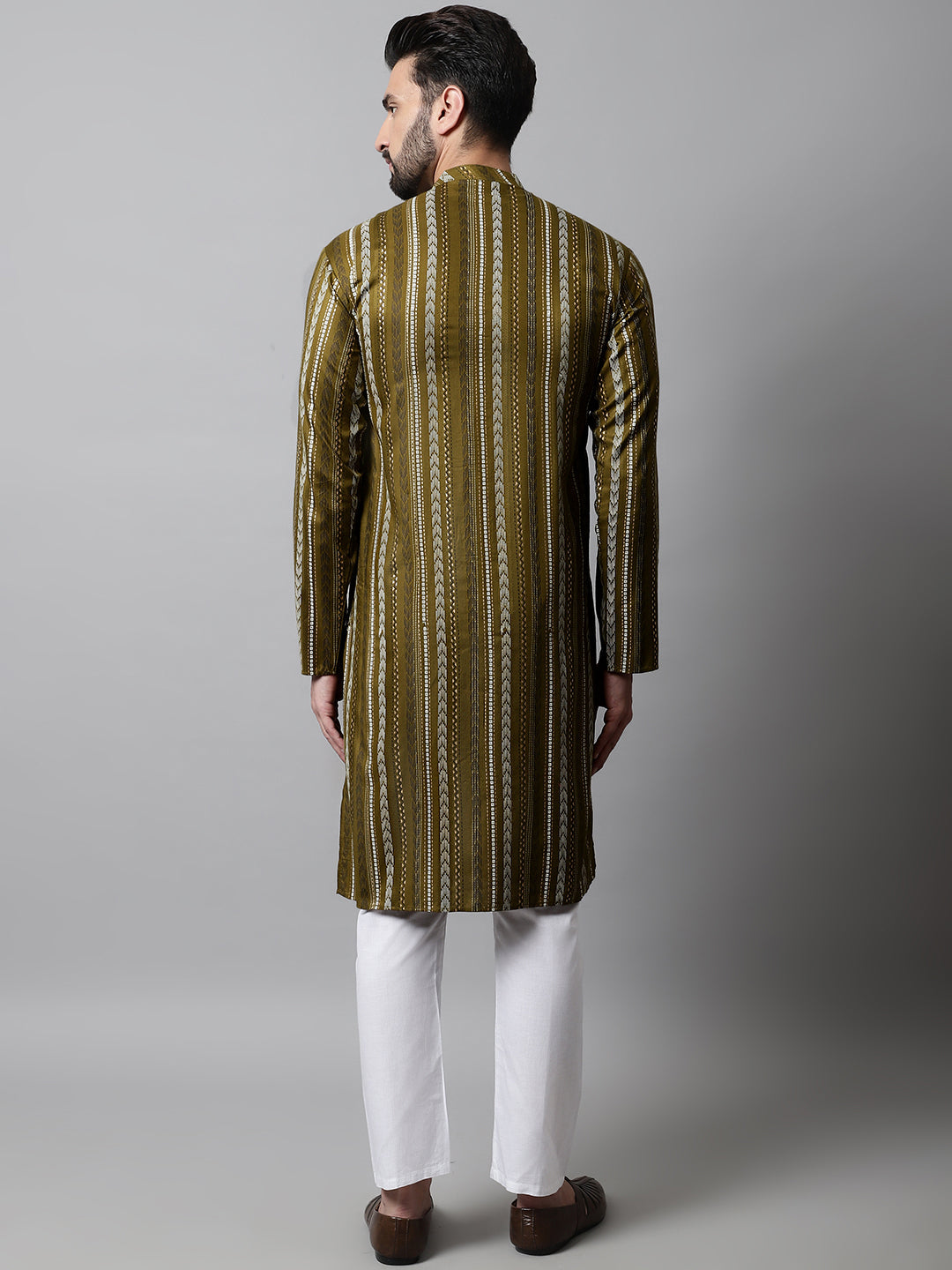 Olive Green Foil Printed Mens Kurta Pajama Set | Ethnic Wear
