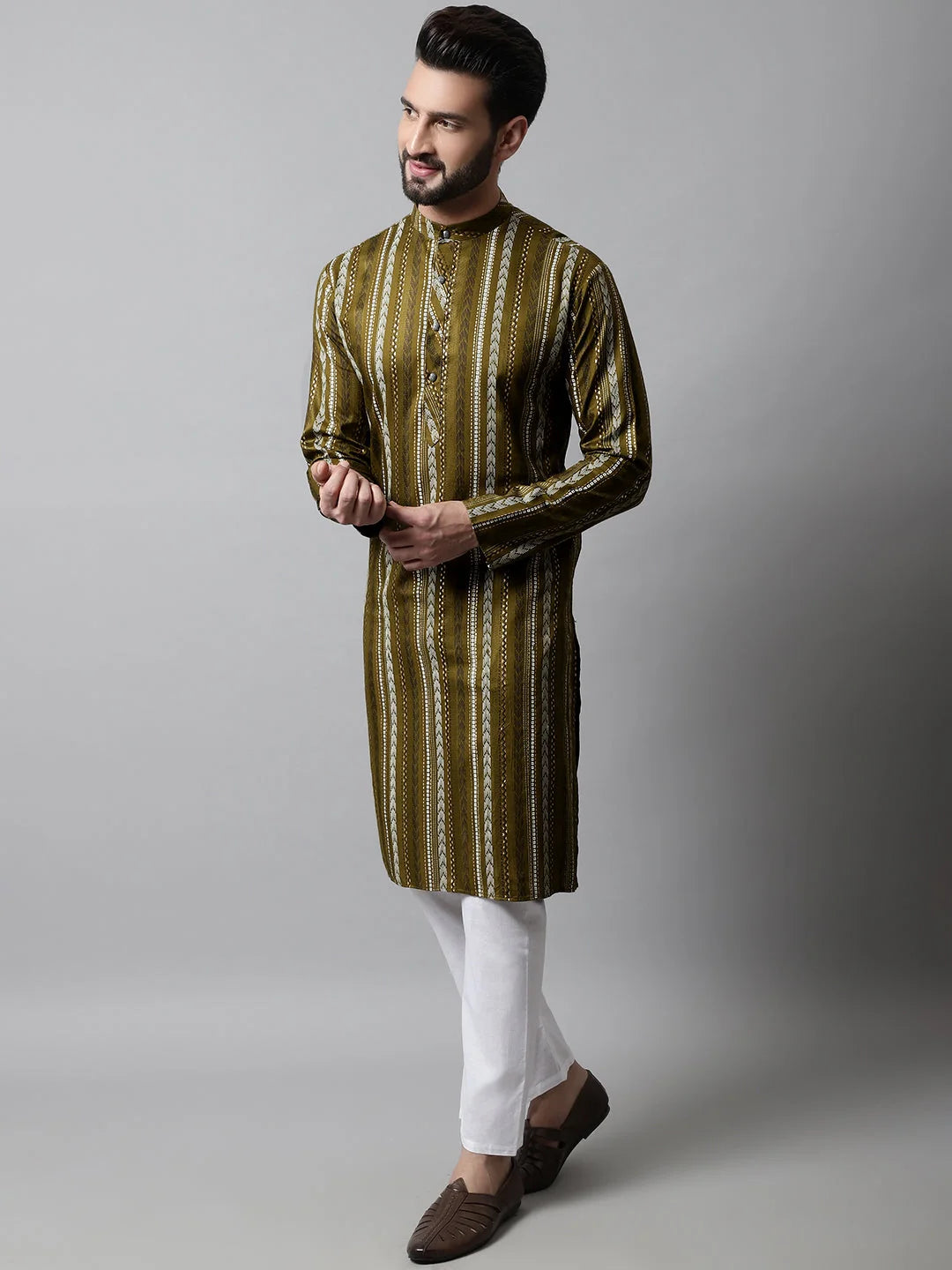 Olive Green Foil Printed Mens Kurta Pajama Set | Ethnic Wear
