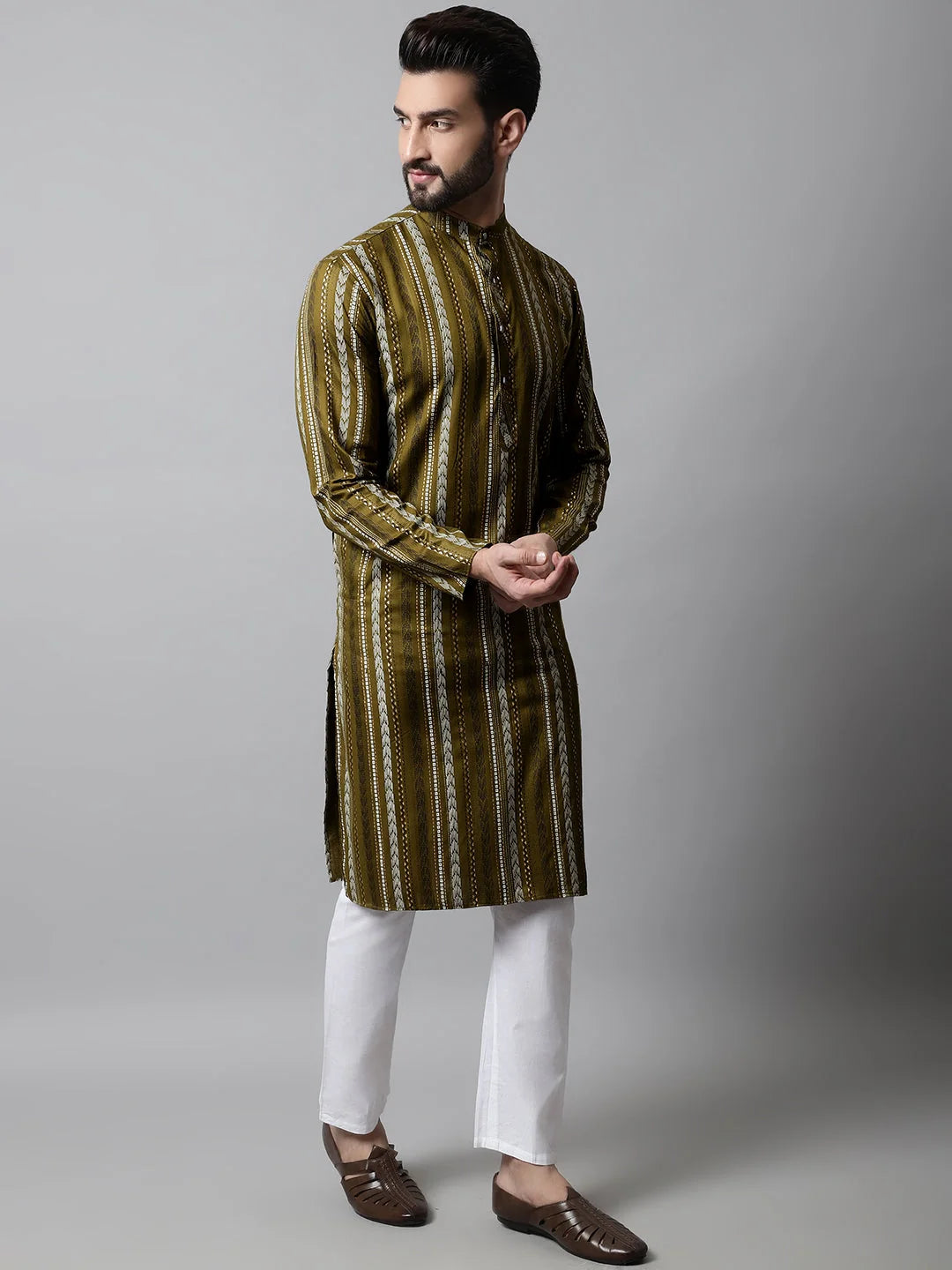 Olive Green Foil Printed Mens Kurta Pajama Set | Ethnic Wear