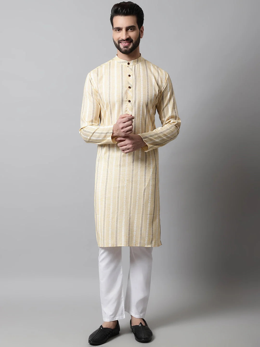 Beige Geometric Cotton Mens Kurta Pajama Set | Shop Now