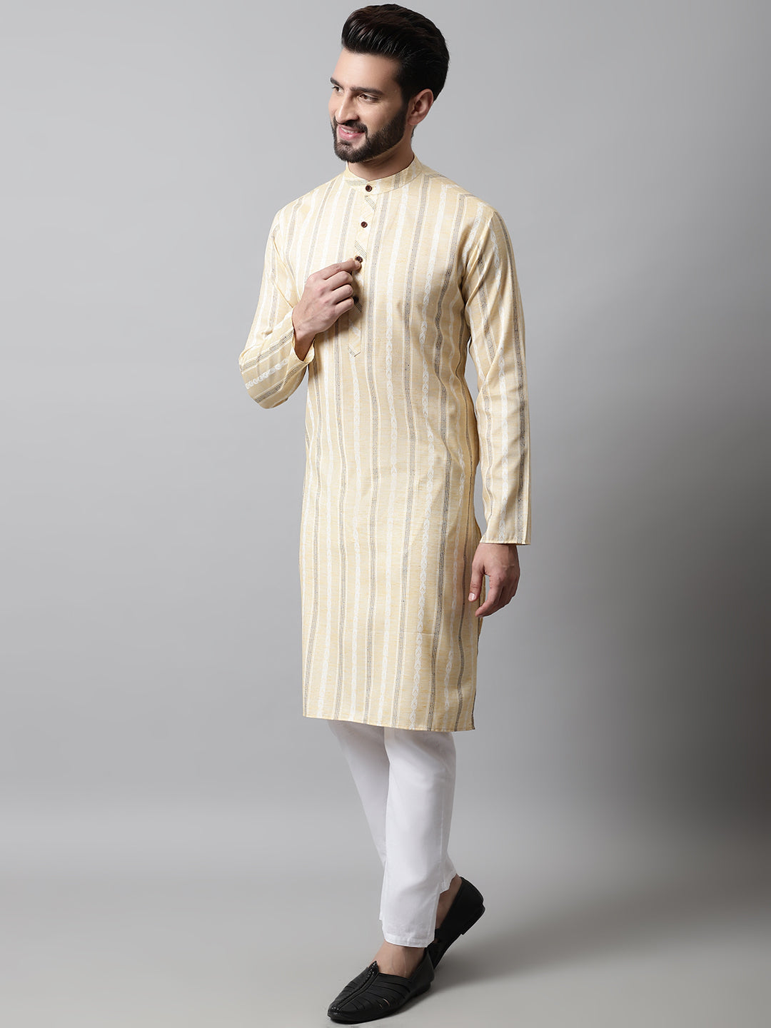 Beige Geometric Cotton Mens Kurta Pajama Set | Shop Now