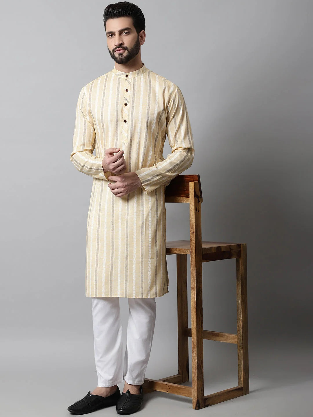 Beige Geometric Cotton Mens Kurta Pajama Set | Shop Now