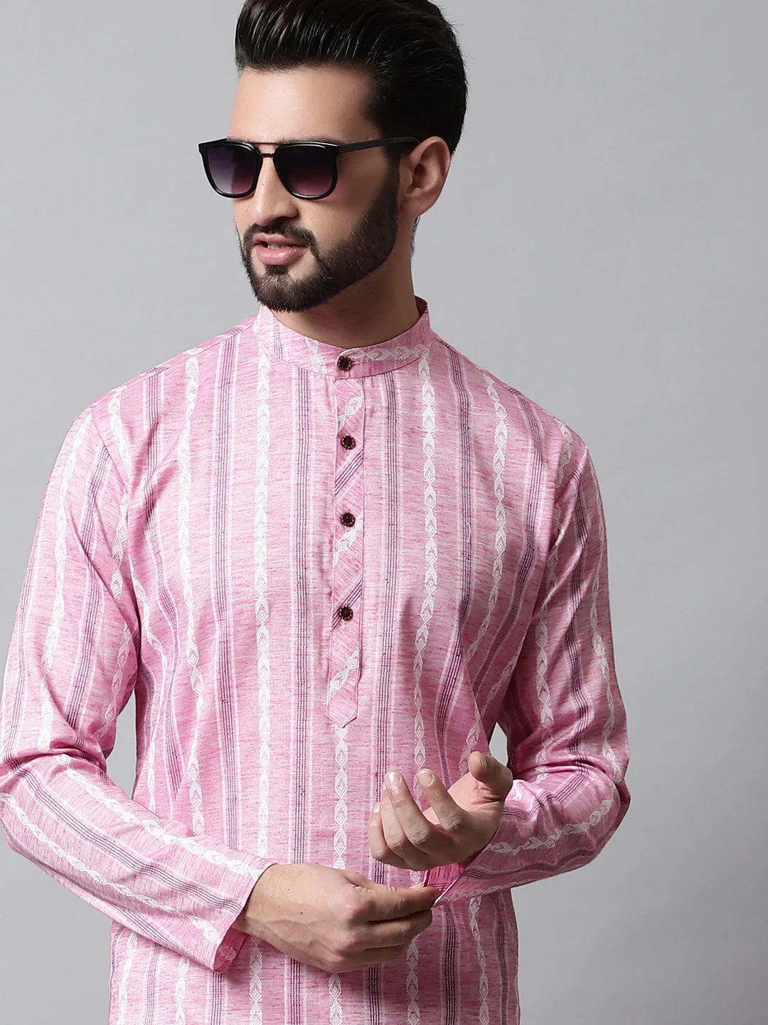 Pink Geometric Cotton Mens Kurta Pajama Set | Ethnic Wear