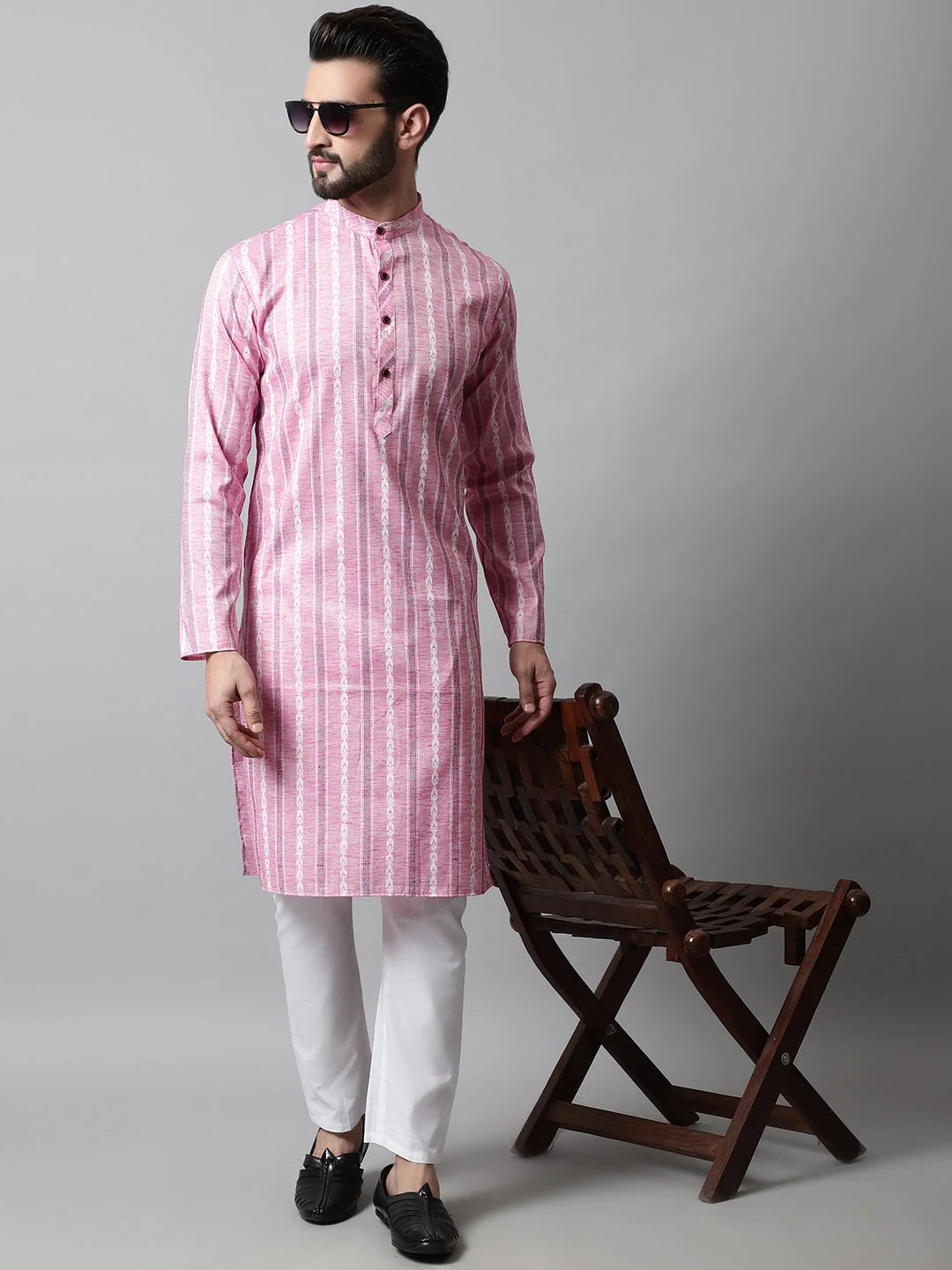 Pink Geometric Cotton Mens Kurta Pajama Set | Ethnic Wear